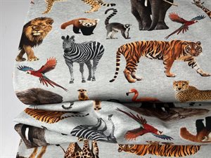 Bomuldsjersey - gråmeleret med safari dyr